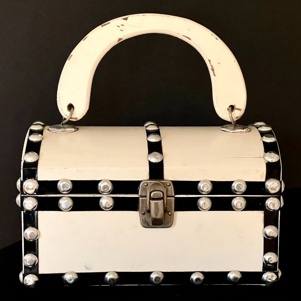 Vintage Black & White Wood Pocketbook Shaped Jewelry Storage Box With Studs